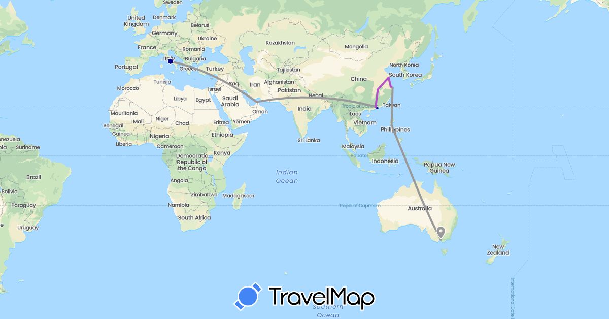 TravelMap itinerary: driving, plane, train in United Arab Emirates, Australia, China, Italy, Philippines (Asia, Europe, Oceania)